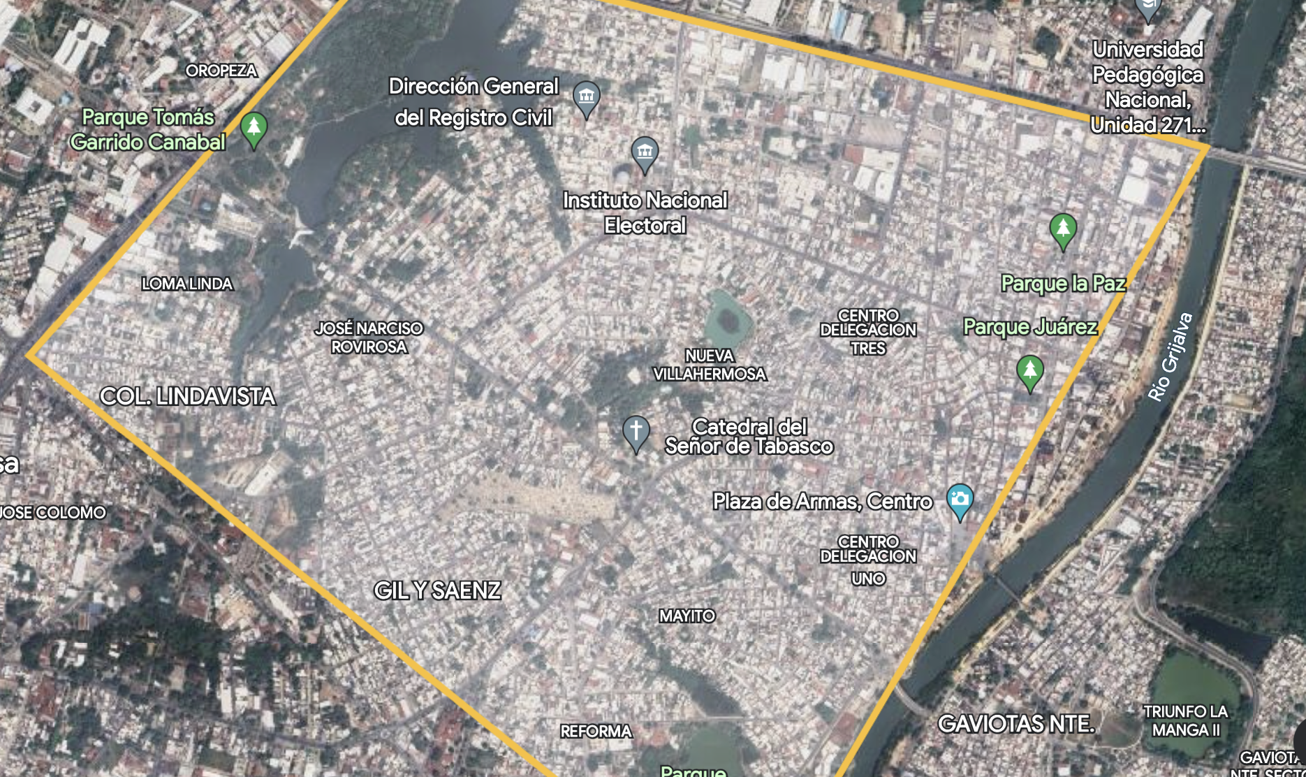 Imagen de satélite del centro de Villahermosa.