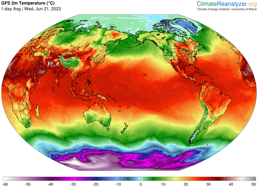 Mapa de temperaturas globales del 21 de junio de 2023.